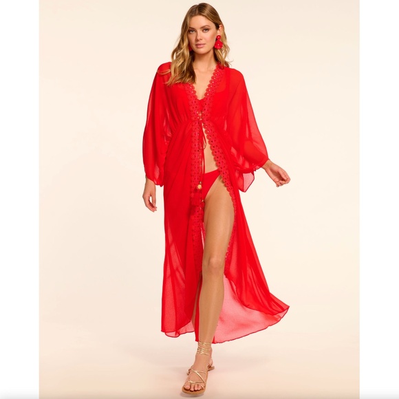500. RAMY BROOK Raelynn Coverup Red Lace Trim Maxi Dress $325 NWOT XS - Picture 1 of 5